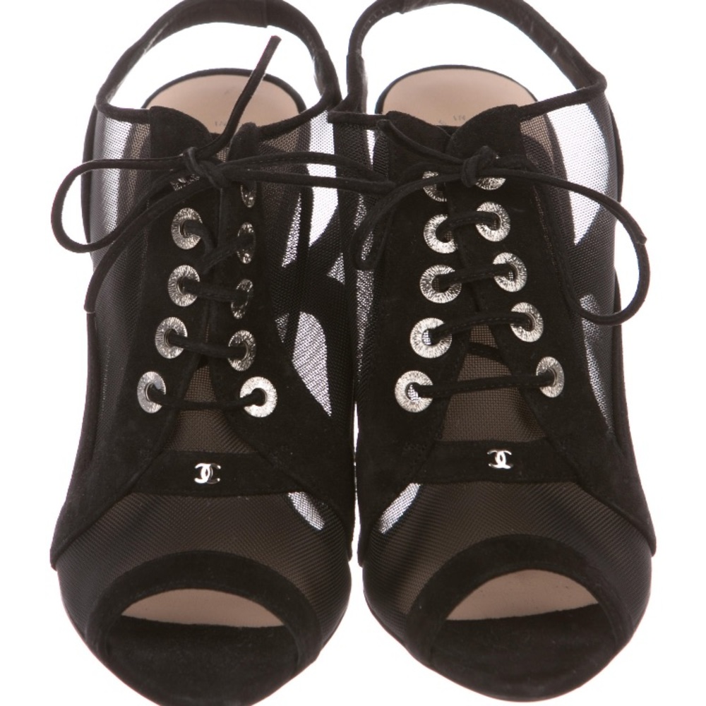 CHANEL Black Mesh Lace-Up Open-Toe Heels - Picture 3 of 8